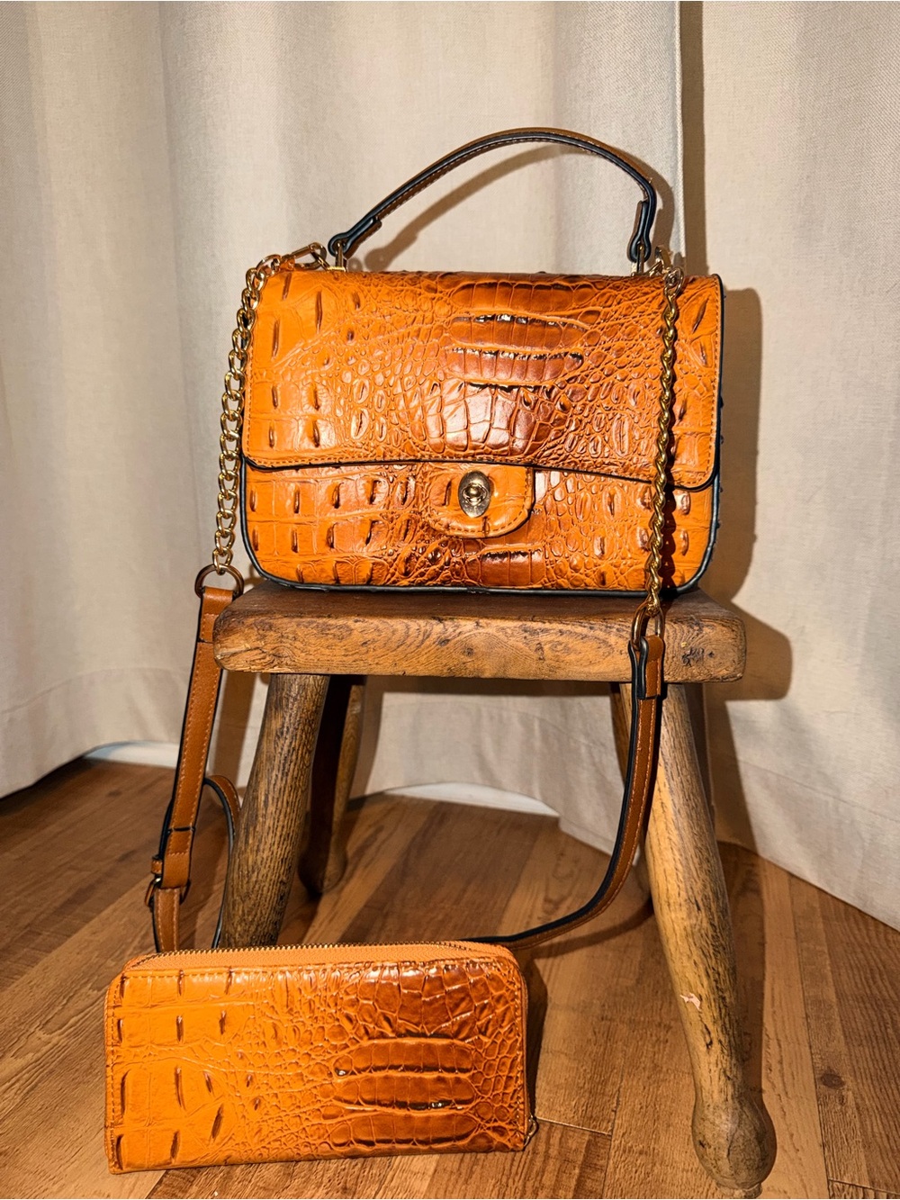 Croc-Textured Orange Top-Handle Crossbody Bag with Wallet